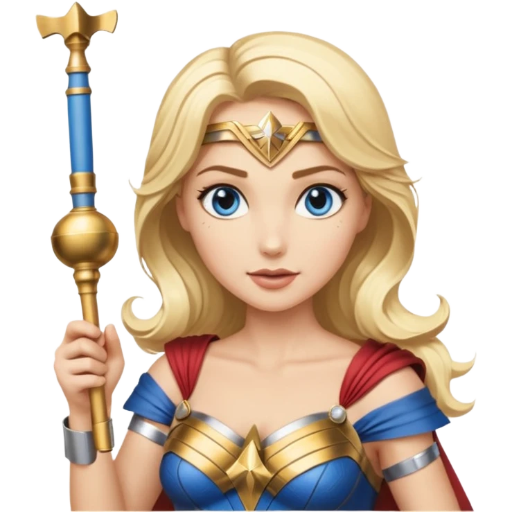 Blonde blue eyed Wonder Woman holding white orchestra conductor’s baton and bell emoji