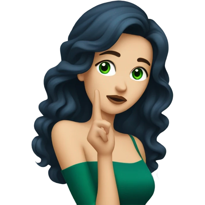 a brunette with long hair and green eyes and in a dark blue dress sends an air kiss emoji