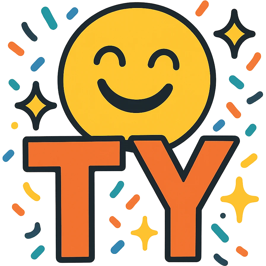 cheerful TY emoji with confetti and sparkles around the letters, designed for Slack reaction emoji