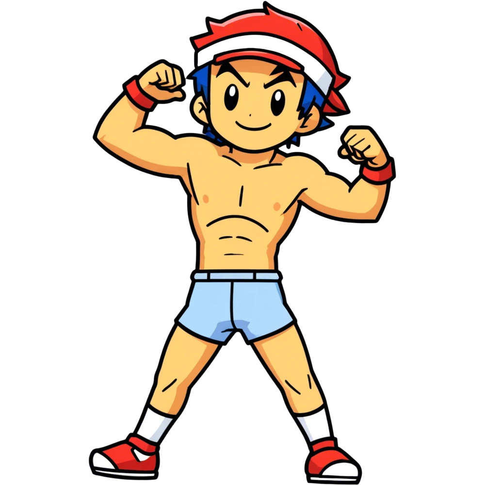 Hot handsome very muscular 6ft 5inch tall smiling happy fun shirtless Ash Ketchum dancing in tight shorts emoji