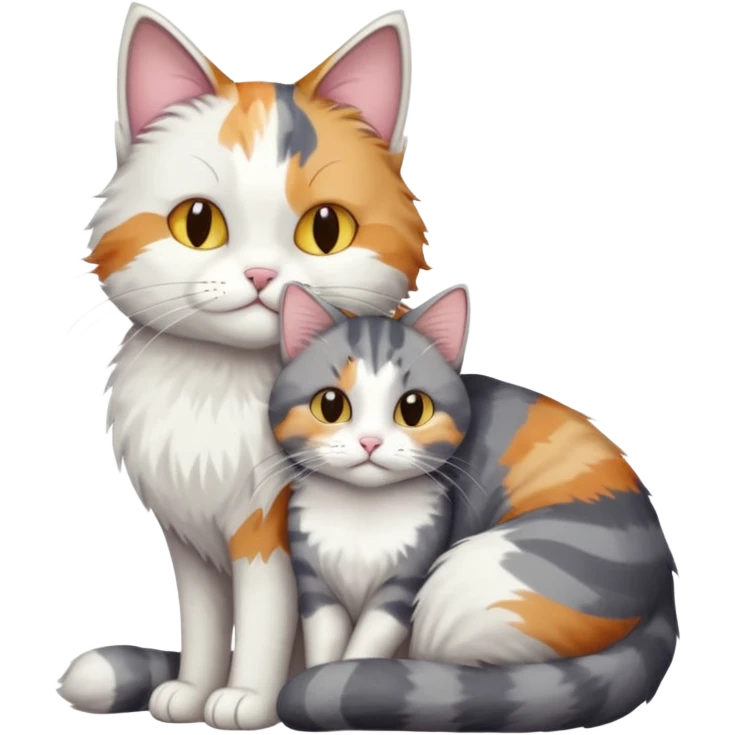 full body colourful light patched calico + white tabby cat cuddling a large grey and white cat  emoji