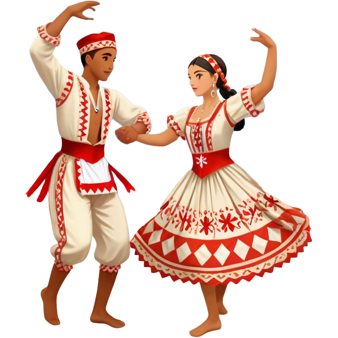 Cinematic Realistic scene of two performers engaging in the Croatian Linđo folk dance, adorned in vibrant traditional costumes with intricate patterns and accessories, captured in graceful, synchronized motion under festive natural lighting. emoji