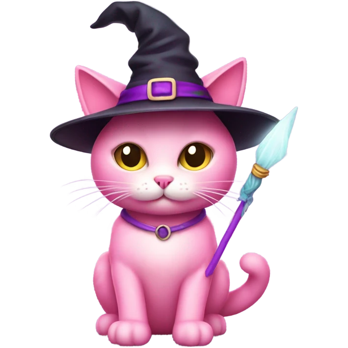 Pink kitty with wand and witches hathat emoji