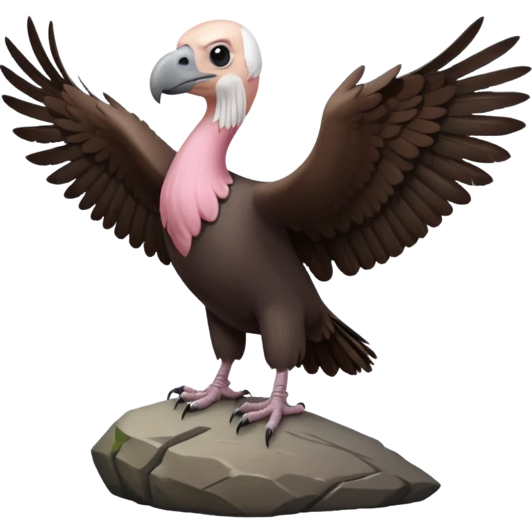 a vulture — large bird with dark brown feathers, bald pinkish head, curved beak and sharp eyes — standing proudly on a rock — wings slightly open — realistic yet cute cartoon emoji look, clean lighting, soft shadows. emoji