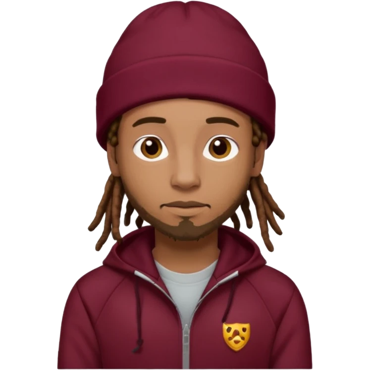 Animate a caramel skinned male with brown dreads and a tan beanie with a burgundy tracksuit on with no beard  emoji