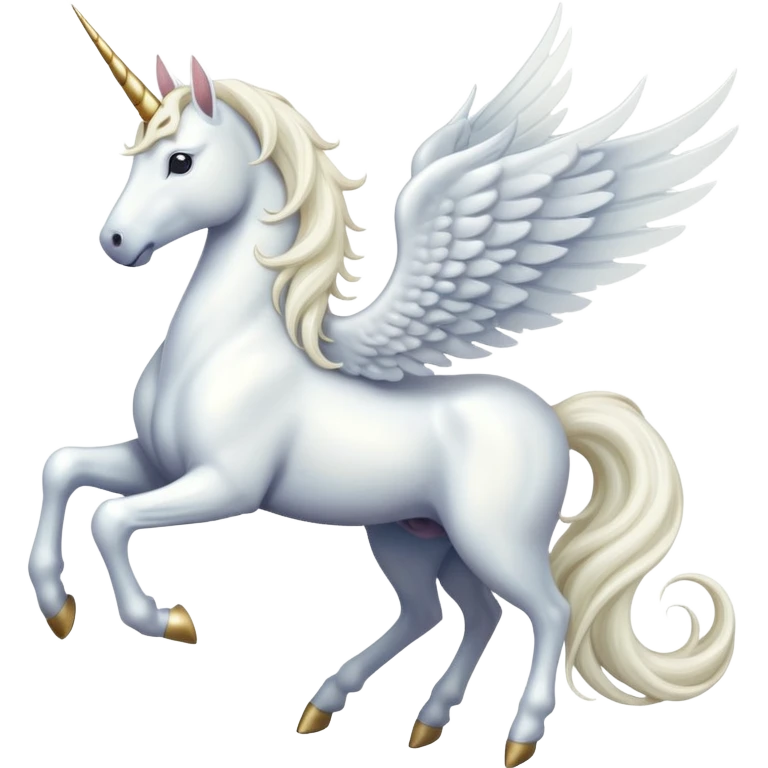 All white Cinematic Noble Unicorn with wings, slender with a flowing mane and tail and spiraled horn emoji