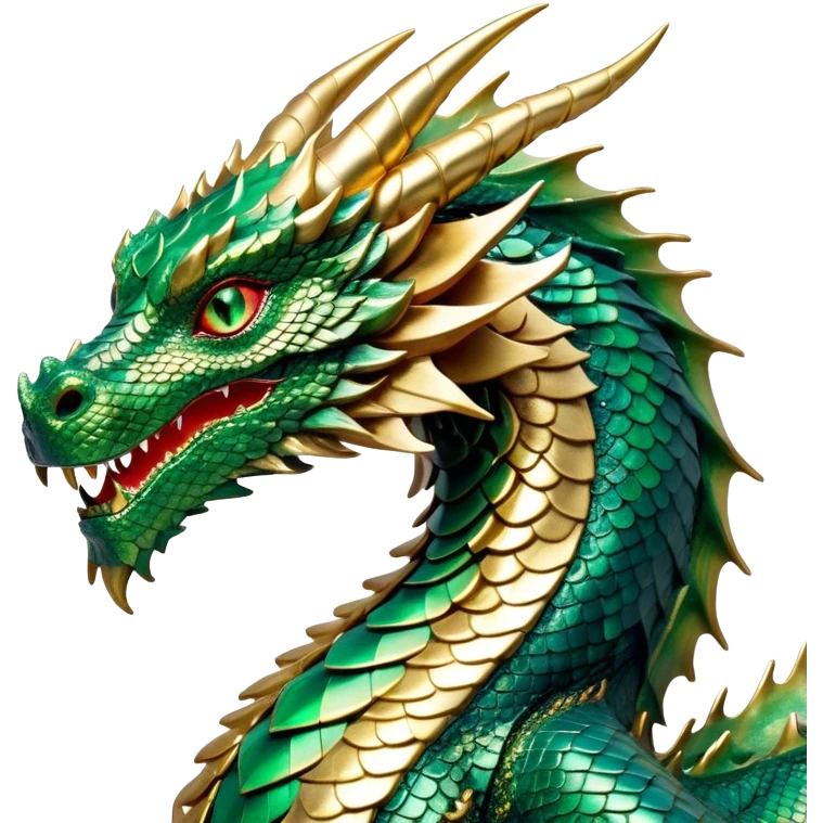 Cinematic Noble Dragon Portrait Emoji, Poised and majestic, with a sinuous, elongated body covered in intricately detailed, shimmering scales in hues of emerald and gold, and piercing, fiery eyes that reflect ancient wisdom; rendered with lifelike texture and natural highlights, high shine, intelligent and formidable, styled with an aura of mythic power, focused and attentive, soft glowing outline, capturing the essence of a legendary dragon that appears ready to soar out of the screen with timeless authority! emoji