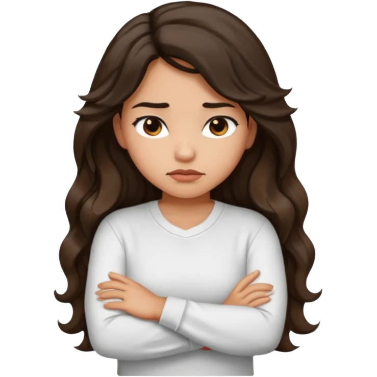 Hispanic light tan girl with long dark wavy hair with arms folded and slightly pouting emoji