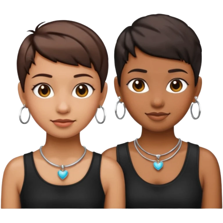 Do two best friend emojis one brown skin one fair skin with pixie cuts with hoop earrings and necklace wearing black emoji