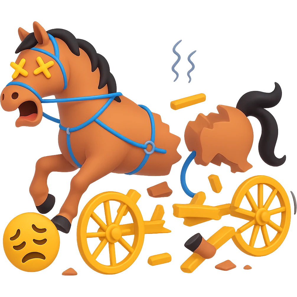 Make the horse cart look broken and add funny, exaggerated emoji expressions to the horse and cart. Keep the style consistent. The style is emoji style. Keep the background transparent. emoji