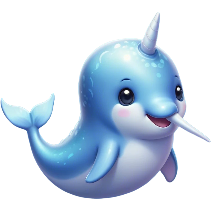 Cinematic Cute Cute Narwhal Portrait Emoji, Head tilted playfully and inquisitively, featuring a charming, sleek body with softly iridescent skin, a prominently spiraled tusk and large, twinkling eyes full of gentle wonder, Simplified yet irresistibly adorable features, highly detailed, glowing with a warm, inviting ocean glow, high shine, affectionate and lively, stylized with a touch of magical sea whimsy, soft glowing outline, capturing the essence of a mischievous yet endearing cute narwhal that seems as if it could frolic out of the screen into your heart! emoji