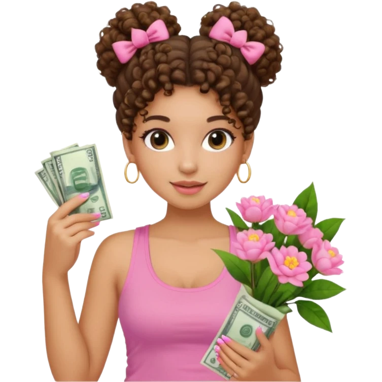 Uma menina com o cabelo cacheado com um Coque com baby hair, morena, e com uma regata rosa com unha em gel,e com dinheiro na mão ,e com flores na outra mão  emoji