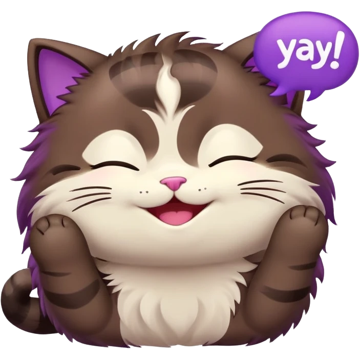 a dark-brown fluffy cute kawaii anime cat smiling with eyes shut closed, saying “yay” with a purple speech bubble emoji