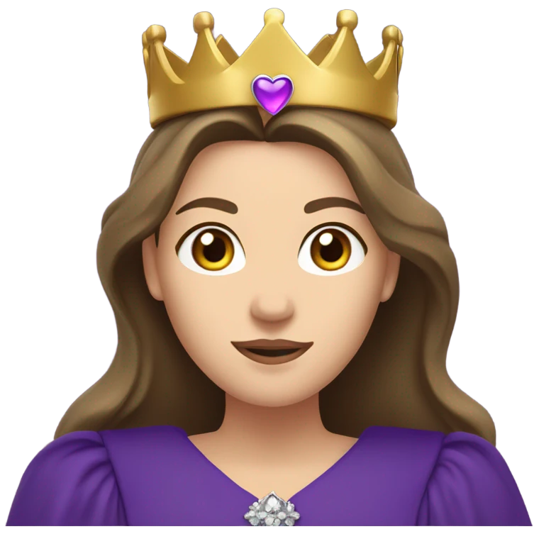 Caucasian long  brunette woman wearing formal royal purple robes and a crown with hearts floating in the air around her head emoji
