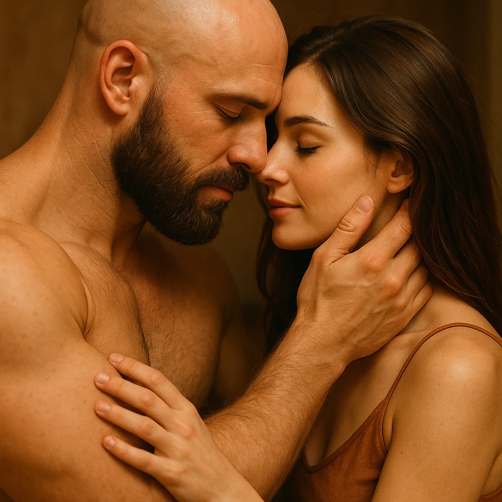 intimate moment between lovers, muscular bald man with brown beard, beautiful woman with long hair, warm and tender atmosphere, romantic scene, close-up, holding each other lovingly emoji