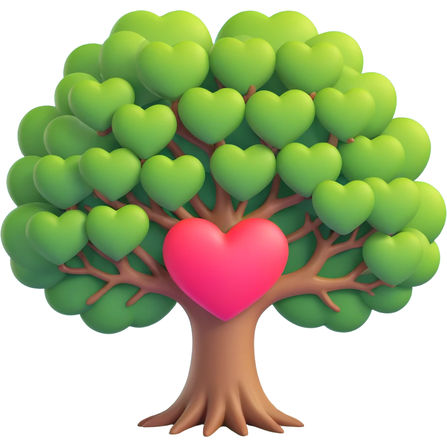a giant tree with a single large heart shape as its canopy, smooth and vibrant like Microsoft fluent emojis emoji