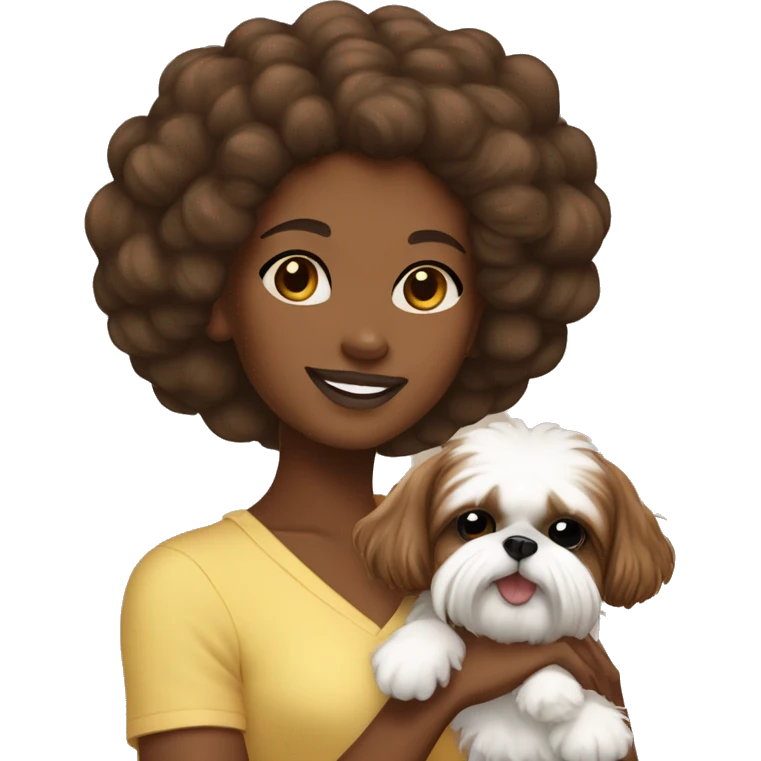Brown skinned girl with Afro puff holding shih tzu emoji
