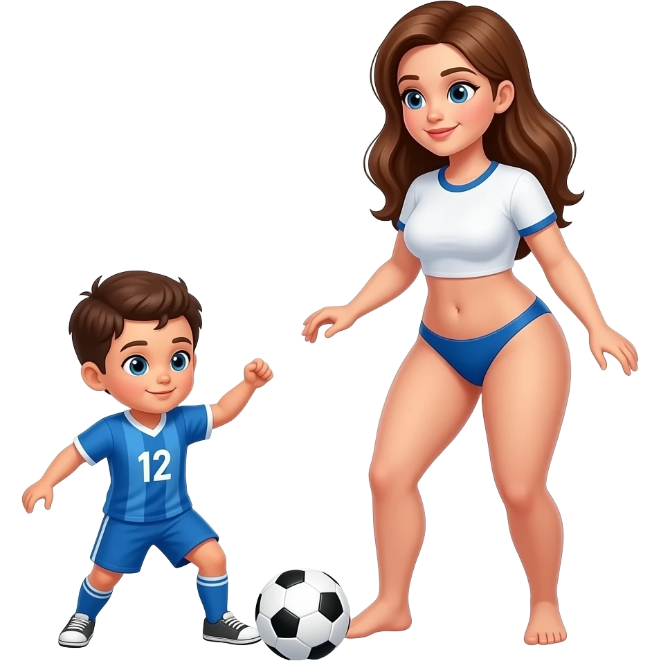 Naked tall girl with big boobs and thighs and child playing football emoji