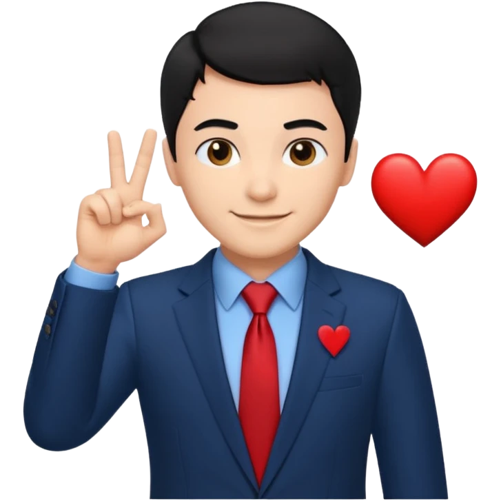 A man in very black short hair with all back hair style, wearing dark blue suit and red tie, making a heart finger emoji