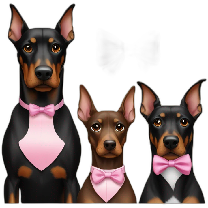 3-dobermans-including-one-white-with-a-pink-bow-tie-on-the-neck,-one-black-and-one-brown emoji
