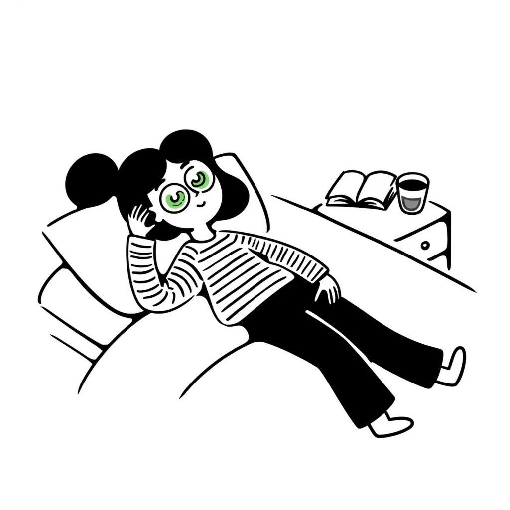 Hand drawn girl sleeping with cucumber slices on eyes and face mask, self care night emoji