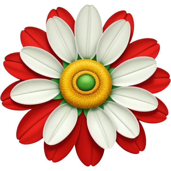A daisy with ten petals, with green, red and white petals and a yellow centre. emoji
