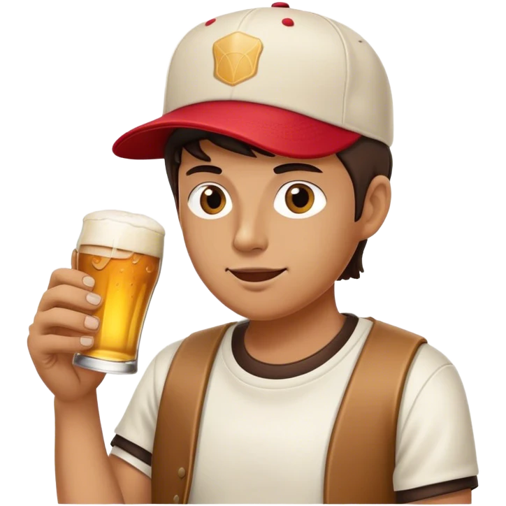 half japanese white hipster wearing a flat bill baseball cap sipping on a pint of beer holding a half eaten hamburger in the other hand emoji