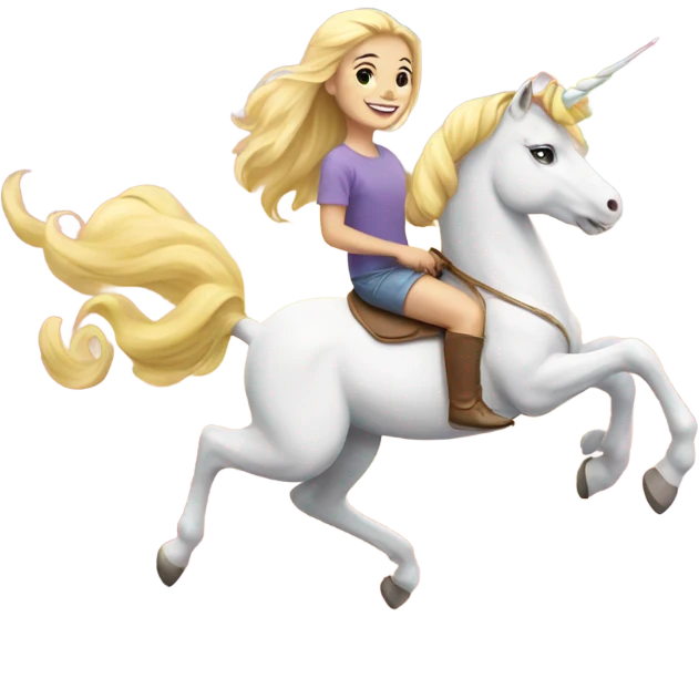 smiling blonde girl portrait riding rainbow unicorn  emoji