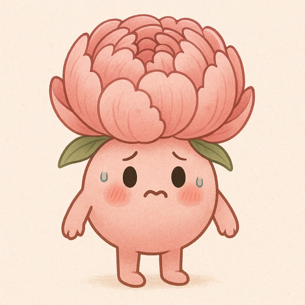 cute anthropomorphic pink peony flower with a round body, arms and legs, blushing cheeks, nervous expression emoji