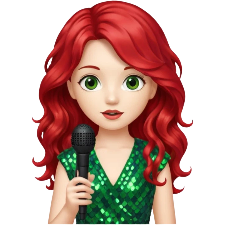 girl in green blink dress, red long wavy hair, holding a mic



















 emoji