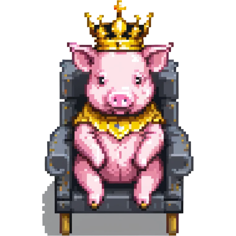 simple minimal pixel art pig with a golden crown sitting on a throne, blocky and square like Minecraft emoji