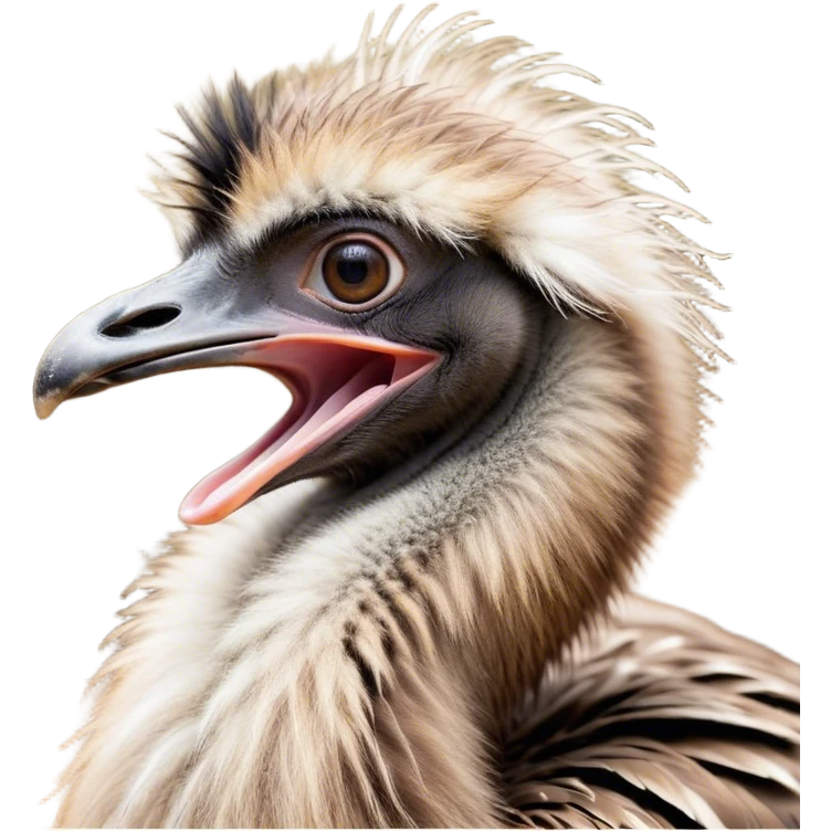 Cinematic Cute Yawning Emu Portrait Emoji, Head tilted slightly with a dramatic, wide-open yawn, showcasing a soft, downy brown plumage with gently drooping feathers and eyes barely open in drowsy contentment, Simplified yet irresistibly adorable features, highly detailed, glowing with a soft, cozy glow, high shine, relaxed yet expressive, stylized with a touch of outback charm, bright and endearing, soft glowing outline, capturing the essence of a sleepy yet affectionate emu, so drowsy it feels like it could stretch out of the screen and curl up for a nap! emoji