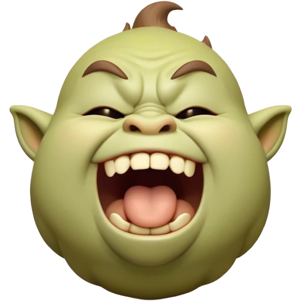 Cinematic Cute Yawning Ogre Portrait Emoji, with a surprisingly cuddly, rotund figure in soft earthy greens and browns, head tilted back in a big, gentle yawn exposing a set of comically oversized teeth, simplified yet irresistibly adorable, highly detailed with a soft glowing outline that captures the sleepy charm of a friendly ogre after a long day of gentle mischief! emoji