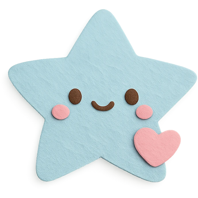 Cute pastel blue star with a tiny pastel heart, no limbs, full body, transparent background, in kawaii paper craft style. emoji