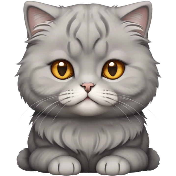 Cinematic-Fluffy-Grey-Scottish-Fold-Cat-Portrait-Emoji – Head tilted cutely with big, sparkling amber eyes, soft solid grey fur, and signature small folded ears pressed gently against its round head, simplified yet irresistibly adorable features, highly detailed, glowing with a soft and warm charm. emoji