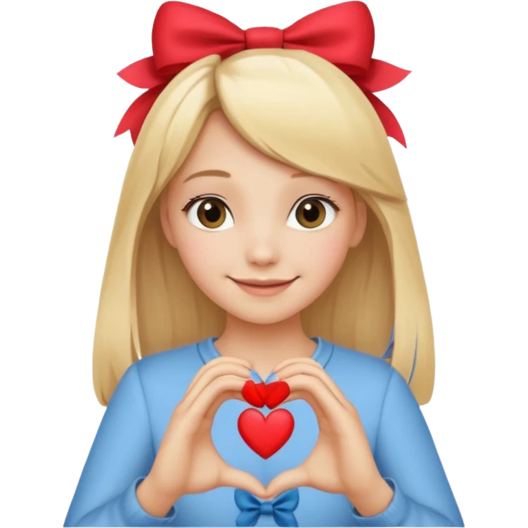 una ragazza bionda liscia con un fiocco in testa che fa un cuore con le mani emoji