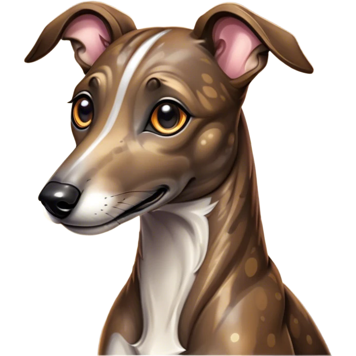 Cinematic Cute Brindle Greyhound Portrait Emoji, Head tilted playfully and inquisitively, featuring a sleek brindle Fur with subtle variations and round, sparkling eyes filled with curiosity, Simplified yet irresistibly adorable features, highly detailed, glowing with a warm, friendly glow, high shine, affectionate and nimble, stylized with a touch of whimsy, bright and endearing, soft glowing outline, capturing the essence of a mischievous yet loving companion, so playful it feels like it could sprint out of the screen and into your arms! emoji