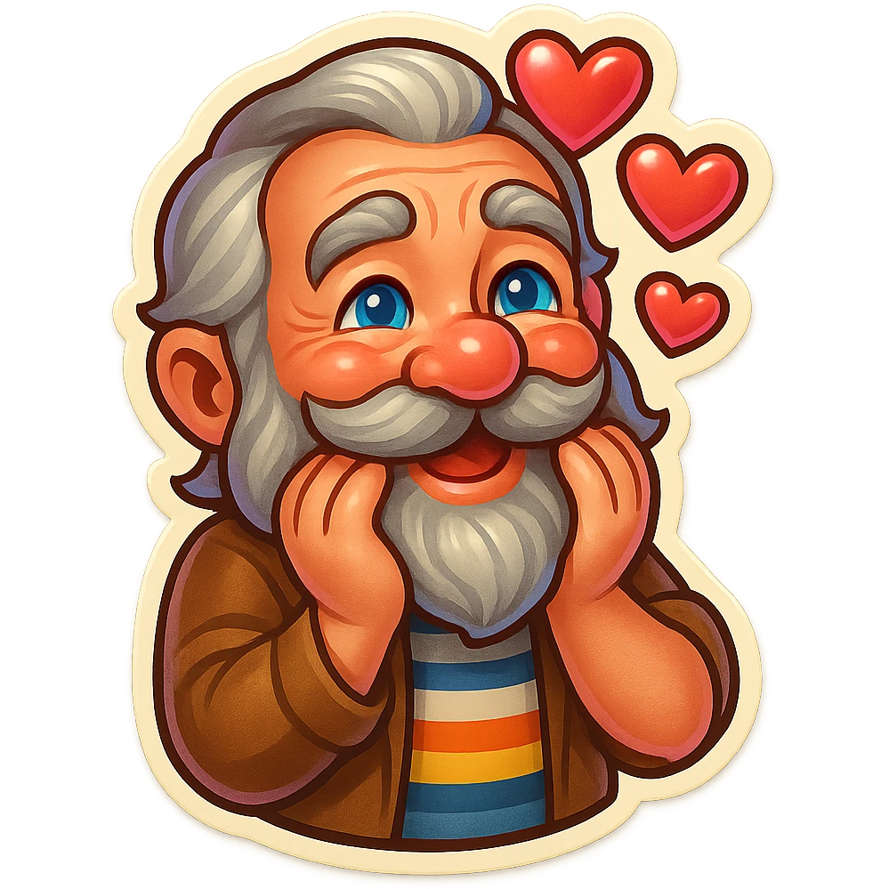 A dwarf with gray hair, a gray mustache, a gray beard, and gray eyebrows. He has blue eyes and wrinkles on his forehead. He is wearing a striped t-shirt and a brown jacket. The dwarf is displaying a love emotion. emoji