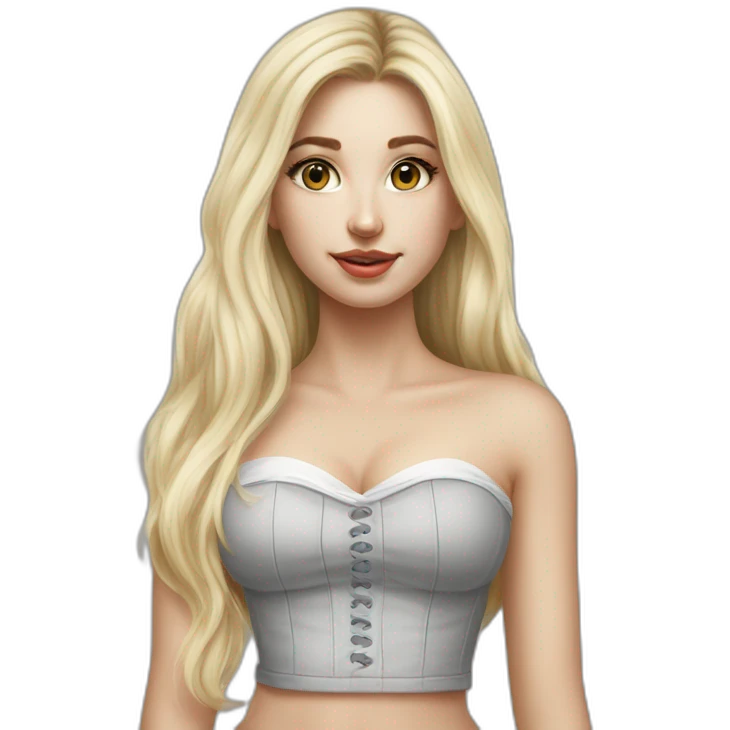 caucasian straight long haired blonde, white bustier, tight grey mini skirt, hyperrealist drawing emoji