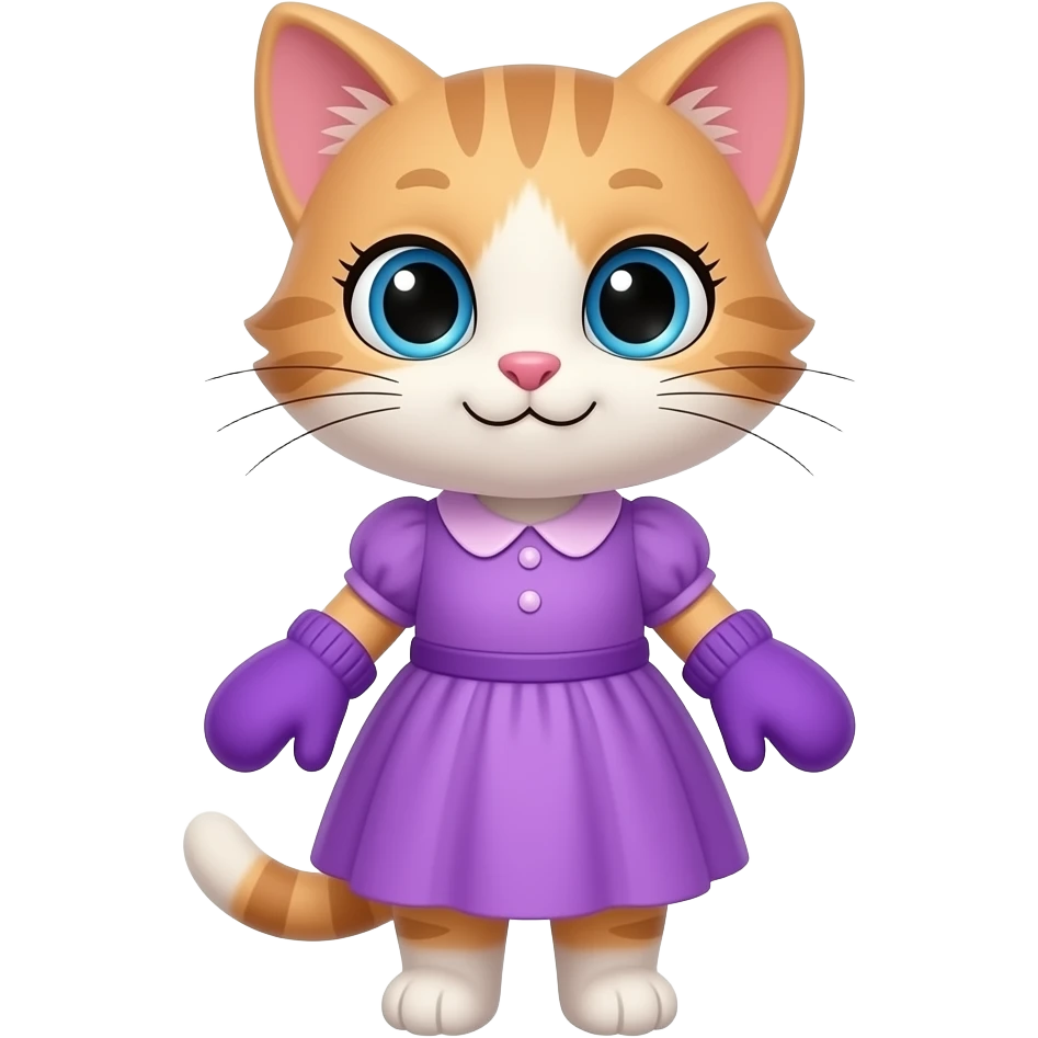 Cartoon sister kitten standing wearing a purple dress wearing purple mittens emoji