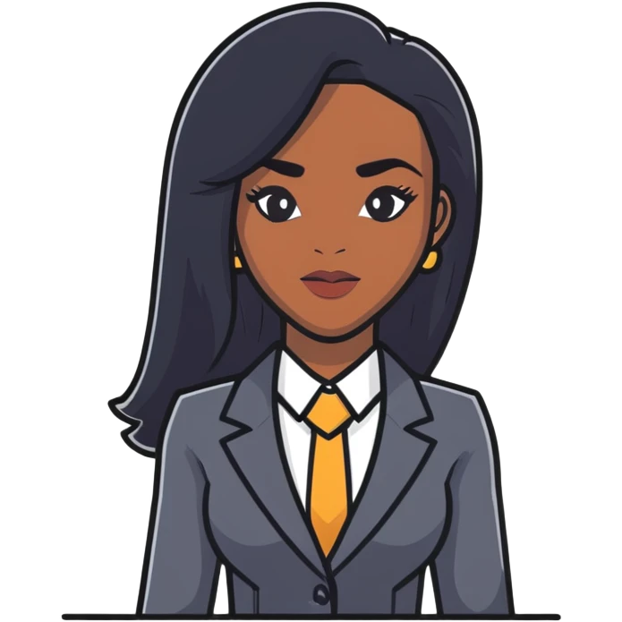 Dynamic African career woman with sleek long black hair, modern business outfit, competent and assertive expression emoji
