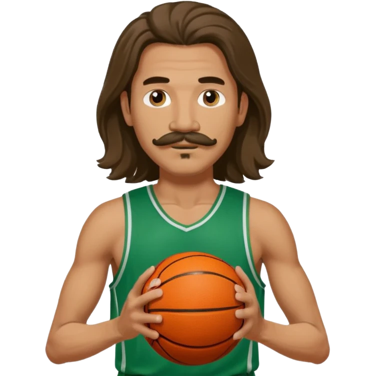 long haired man basketball player green jersey with mustache holding basket ball emoji
