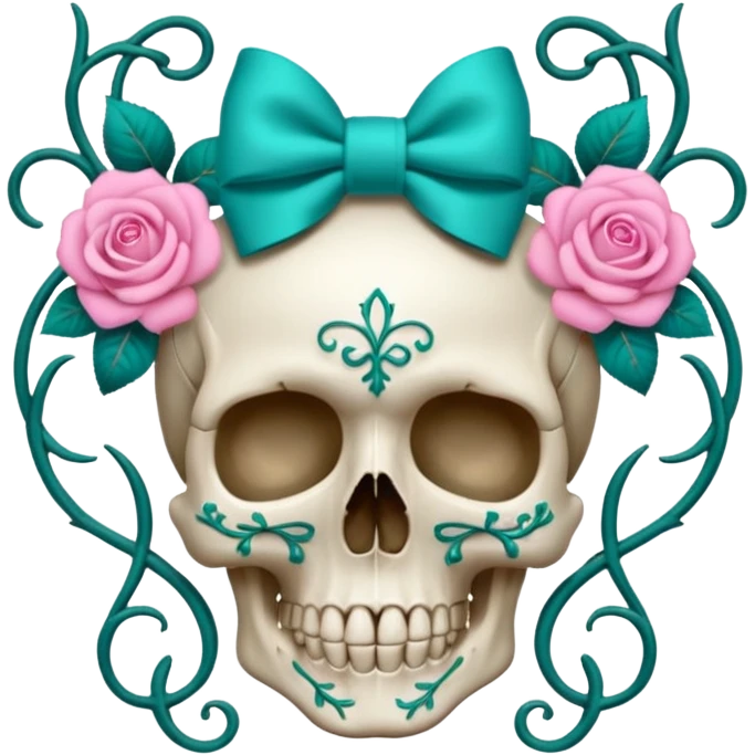 Skull with Pink bow with vines and teal roses emoji