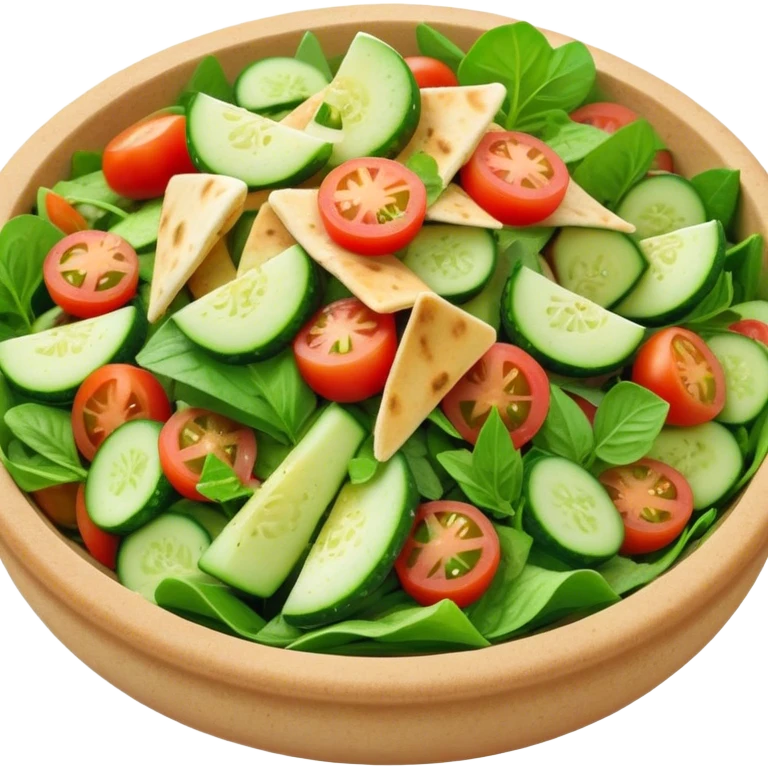 Cinematic Realistic Fattoush Salad Dish Emoji, depicted as a colorful medley of greens, tomatoes, cucumbers, and crispy pita rendered with vibrant textures and refreshing lighting. emoji