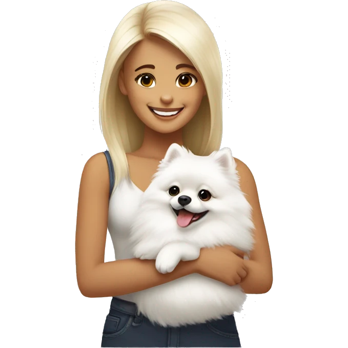 girl smiling hug white pomeranian emoji