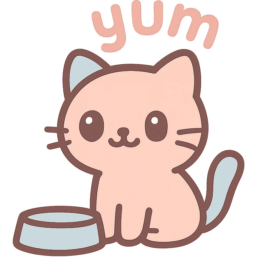 Chinese kitten with a food bowl, 'yum' above its head, cheerful and colorful emoji