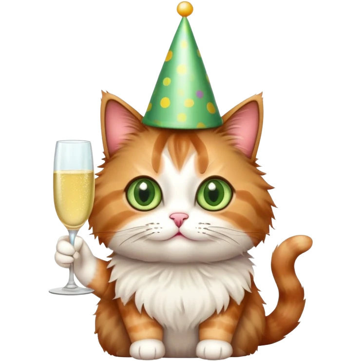 tricolor fluffy cat with big green eyes celebrating her birthday with a cake and champagne emoji