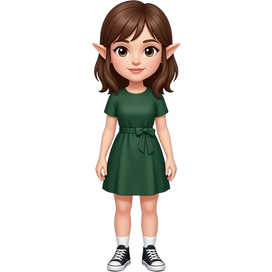 A white/fair skinned woman with brown hair, brown eyes and pointy ears, and wearing a dark green dress with white socks and black sneakers. emoji