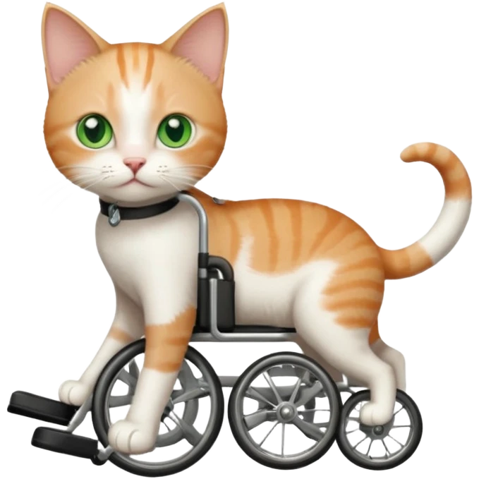 full body small short hair ginger and white cat with green eyes walking in a wheelchair for cats emoji