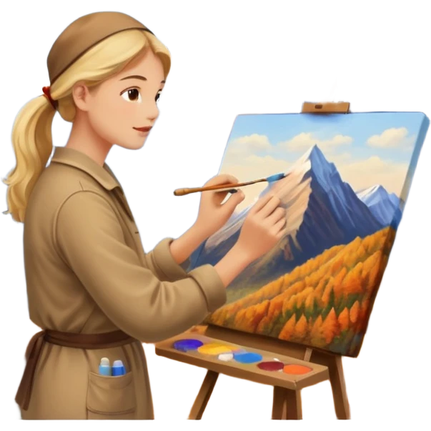 Artist painting a beautiful autumn mountain peak destination on canvas emoji